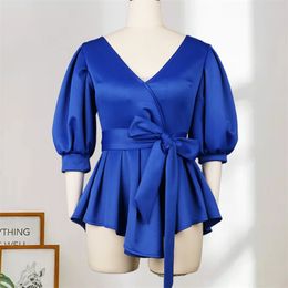 Womens Sexy Tops and Blouses V Neck Short Lantern Sleeve with Sashes Peplum Ruffles Birthday Party Plus Size Elegant Office Lady 210527
