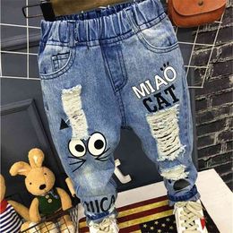 Baby New Children Trousers 1-7Yrs Girls Boys Casual Pants Cartoon Cat Jeans For Kids 210317