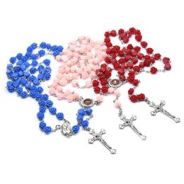 Blue/Pink/Red Crystal Rosary Necklace Long Cross Pendant For Men Women Religious Jewellery