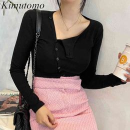 Kimutomo Women Fashion T-shirts Spring Autumn Asymmetrical Single Breasted Ladies Slim Solid Chic Tops Knitwear Elegant 210521