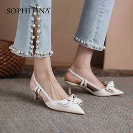 SOPHITINA Leather Summer Women Shoes Thin Heels Sweet Butterfly-knot Dressing Pointed Toe Comfort Slingback Sandals FO128 210513