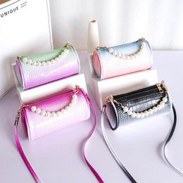 Desinger girls pearls chain handbags children gradient crocodile one-shoulder bag kids PU leather barrel messenger bags women