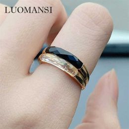 Luomansi 925 Sterling Silver 10K Gold Natural Crystal Green Chalcedony Black Agate Gemstone Ring Personality Woman Party Jewellery 211217