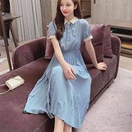 Summer Women Sweet Pleated Midi Long Dress Korean OL Short Sleeve Turn-Down Collar Girls Casual Office Vestidos 210514