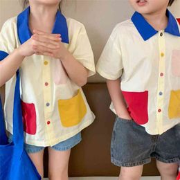Summer Boys Girls Shirts Of Color Matching Stitching Pockets Colorful Buttons Lively Children'S Brother And Sister Tops 210625