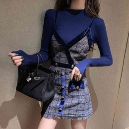 Fashion Fall Winter 3-piece Set Women Long Sleeve Knit Top + Sexy Vest + Plaid Tassel Tweed Mini Skirt Suit Female Clothes 210514