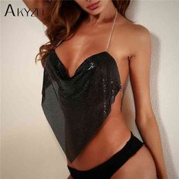 AKYZO Women Solid Sequined Metal Camis Top Sexy Halter Backless V Strappy Party Nightclub Vest Cropped Tops 210401