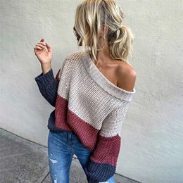 Fitshinling Off Shoulder Women's Oversize Sweater Patchwork Bohemian Pullover Knitted Jumper Holiday Slim Sweater Clothes 211011