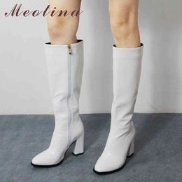 Long Boots Women Shoes Round Toe Block Heels Knee-High Zipper Extreme High Heel Ladies Winter Brown 34-46 210517