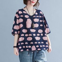 Women Summer Loose Casual T-shirts New Arrival Simple Style V-neck Polka Dot Print Female Cotton Linen Tops Tees S3665 210412