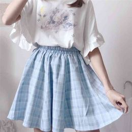 Japan Mori Plaid Skirt Women Summer High Waist Sweet Mini Ruffles Female A-line Harajuku Pink Student 2xl 210730