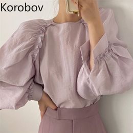 Korobov Vintage O Neck Lantern Sleeve Shirts Korean Chic Ruffles Solid Elegant Blusas Mujer Office Lady Blouses Tops 210430