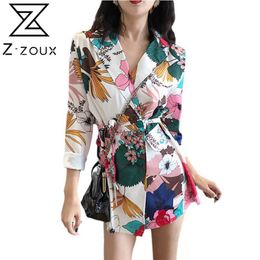 GetSpring Women Blazer Flower Printed Suit Double Breasted Long Sleeve Ladies Coat Lace Women's Jacket 210524