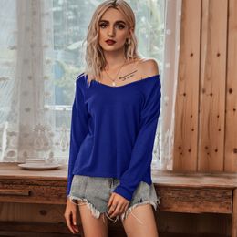 Women T-shirts Autumn Sexy V Neck Off Shoulder Long Sleeve Solid Color Tshirts Female Casual Loose Basic Tee Shirt Vestidos 210412