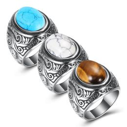 Stainless Steel Ancient Silver Turquoise Stone Ring Band Retrol Floral Solitaire Rings for Men Women Fashion Jewellery