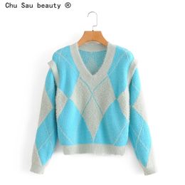 Fall winter women sweet cute colorblock knitted sweaters jumpers mohair V-neck argyle detachable sleeve pullover vest girl top 210508