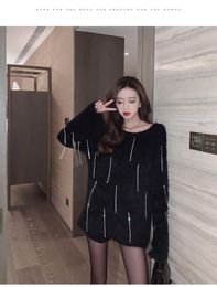 Autumn winter new women o-neck long sleeve mohair wool knitted black color rhinestone tassel patchwork desinger shinny bling medium long loose sweater top jumper