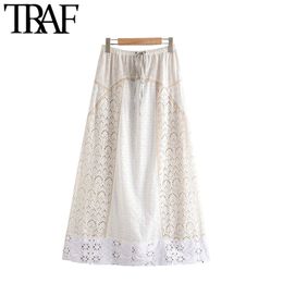 TRAF Women Chic Fashion Cutwork Embroidery Midi SKirt Vintage High Elastic Waist With Lining Female Skirts Mujer 210415