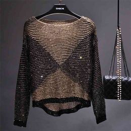 Qooth Women Sequined Knit Tops Long Batwing Sleeve Big O-neck Blouse Sequined Bling Loose Pullover Knitted shirt Femme qh2160 210518