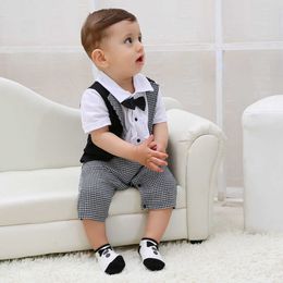 Toddler Baby Boys Gentleman Bowtie Plaid Swallowtail Romper Jumpsuit Outfits X0802