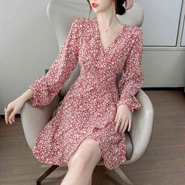 Leisure fall new fashion v-neck floral skirt long-sleeved chiffon dress super fairy sen department temperament 210412