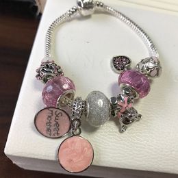 925 Sterling Silver Pink Candy Murano Glass Beads Charm Bracelet Snake Chain Fit Pandora European Bracelet Jewellery Making Bangle DIY Sweet Mother Pendant Women