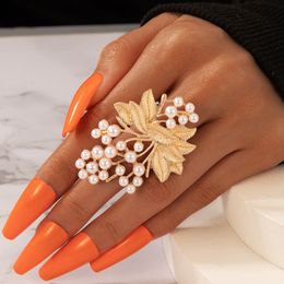 Luxury Pearl Stone Big Flowers Leaf Joint Ring for Women Gold Colour Alloy Metal Tree Geoemtry Wedding Jewellery