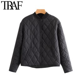 TRAF Women Fashion Argyle Loose Padded Jacket Coat Vintage Long Sleeve Side Pockets Female Outerwear Chic Tops 210923