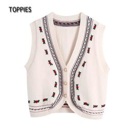 Toppies Women Flowers Sweater Vest Spring Knit Jersey Mujer Beige Knitted Outwear 210412