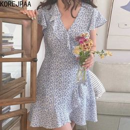 Korejpaa Women Dress Summer Korean Chic Sweet Temperament Floral Thin V-Neck Tie Waist Ruffle Stitching Vestidos 210526