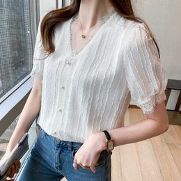 Summer Korean Chiffon Women Blouses Office Lady Lace Shirt Elegant Fashion Shirts Plus Size Blusas Femininas Elegante 210531