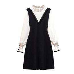 Women Black White Patchwork High Neck Knitted Long Sleeve Buttun A Line Elegant Mini Dress D2062 210514