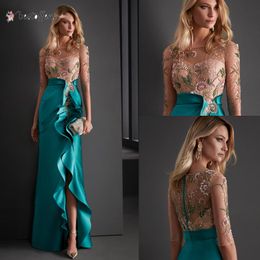 Elegant Sheath Evening Dresses With 1/2 Half Sleeves Scoop Neck Beaded Embroidery Floor Length Ruched Satin Side Slit Custom Made Plus Size Prom Gown 403