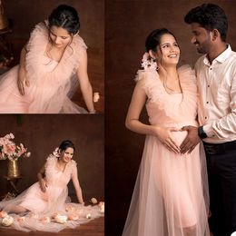 2021 Pink Ruffle Plus Size Pregnant Ladies Maternity Sleepwear Dress Tulle Nightgowns For Photoshoot Lingerie Bathrobe Nightwear Baby Shower