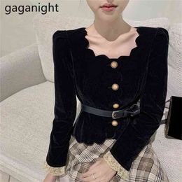 Velvet Women Cropped Jacket Coat Vintage Black Ruffles Fashion Coats Lady Solid Sash Slim Outwear Tops Korean Elegant 210601