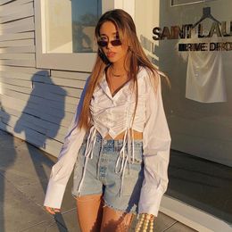 Pleated Cardigan Short Shirt Women Turn-down Collar Cotton Chic Drawstring Y2k Short Crop Top Office Basis Elegant Shirts Tops 210515