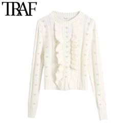 TRAF Women Fashion With Faux Pearls Ruffled Cropped Knitted Sweaters Vintage Long Sleeve Female Pullovers Chic Tops 210415