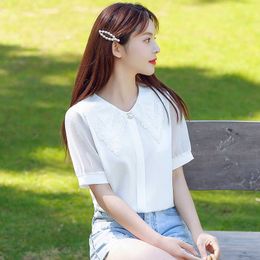 Summer Korean Women Shirts Woman Green Lace Chiffon Office Lady Mesh Short Sleeve Blouses Tops Plus Size XXL 210531