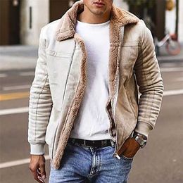 Winter Solid Warm Long Sleeve Composite Leather Jackets Coat Men Vintage Turn-down Collar Zip-up Coats Men's Fashion Streetwear 211103