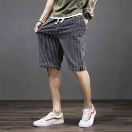 331 Men Summer Fashion Japan Style Cotton Striped Elastic Waist Drawstring Male Casual 7XL Large Size Classical Denim Shorts 210713