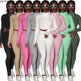 CM.YAYA Sport Women Two Piece Set Zippr Up Knitted Tops Pencil Jogger Sweatpants Suit Tracksuit Fitness Outfit Matching 211105