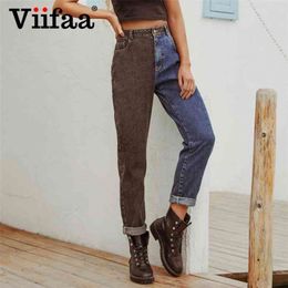 Viifaa Black and Blue Two Tone High Waist Denim Jeans for Women Zipper Fly Casual Ladies Straight 210809