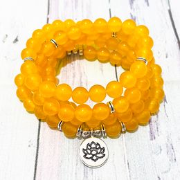 SN1533 Women`s Yellow Onyx 108 Mala Bracelet New Design Lotus Charm Yoga Bracelet Handamde Meditation Japa Mantra Buddhist Jewelry