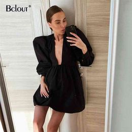 Bclout Casual Mini Fit and Flare Dres Puff Sleeve V Neck Black Party Dresses White Buttons Long Autumn Vestido 210623