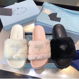 Fashion women designer fur slippers flat triangle logo soft warm winter luxury womens faux fur slides with box