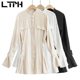 ins fashion shirt style satin dress simple vintage Single Breasted Flare sleeve small stand collar dresses Spring 210427