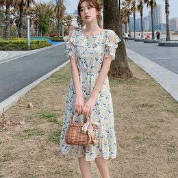 French Off Shoulder Dress Ladies Summer Korean Elegant Floral Print Chiffon Dresses For Temperament Women Skirt Vestidos 210515