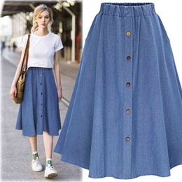Fashion Korean Preppy Style Denim Skirts Women Solid Color Long Skirt Nature Waist Female Big Hem Casual Button Jean Skirt 210412