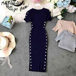 MATAKAWA Short-sleeved Slim Women's Dress Summer Knitted Dresses Round Neck Robes Side Double Breasted Bodycon Vestido Women 210513