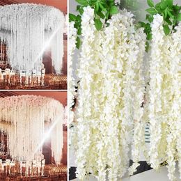 20pcs Beautiful White Artificial Silk Wisteria Flowers Hanging Rattan Bride Wedding Garland Vine Ivy Ceiling Decoration 220311